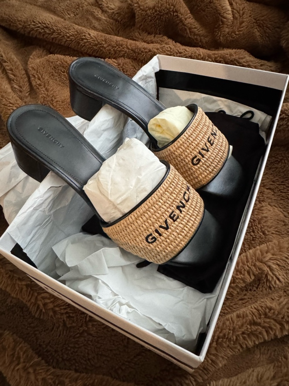 Givenchy Black Leather Slides with Natural Raffia Strap